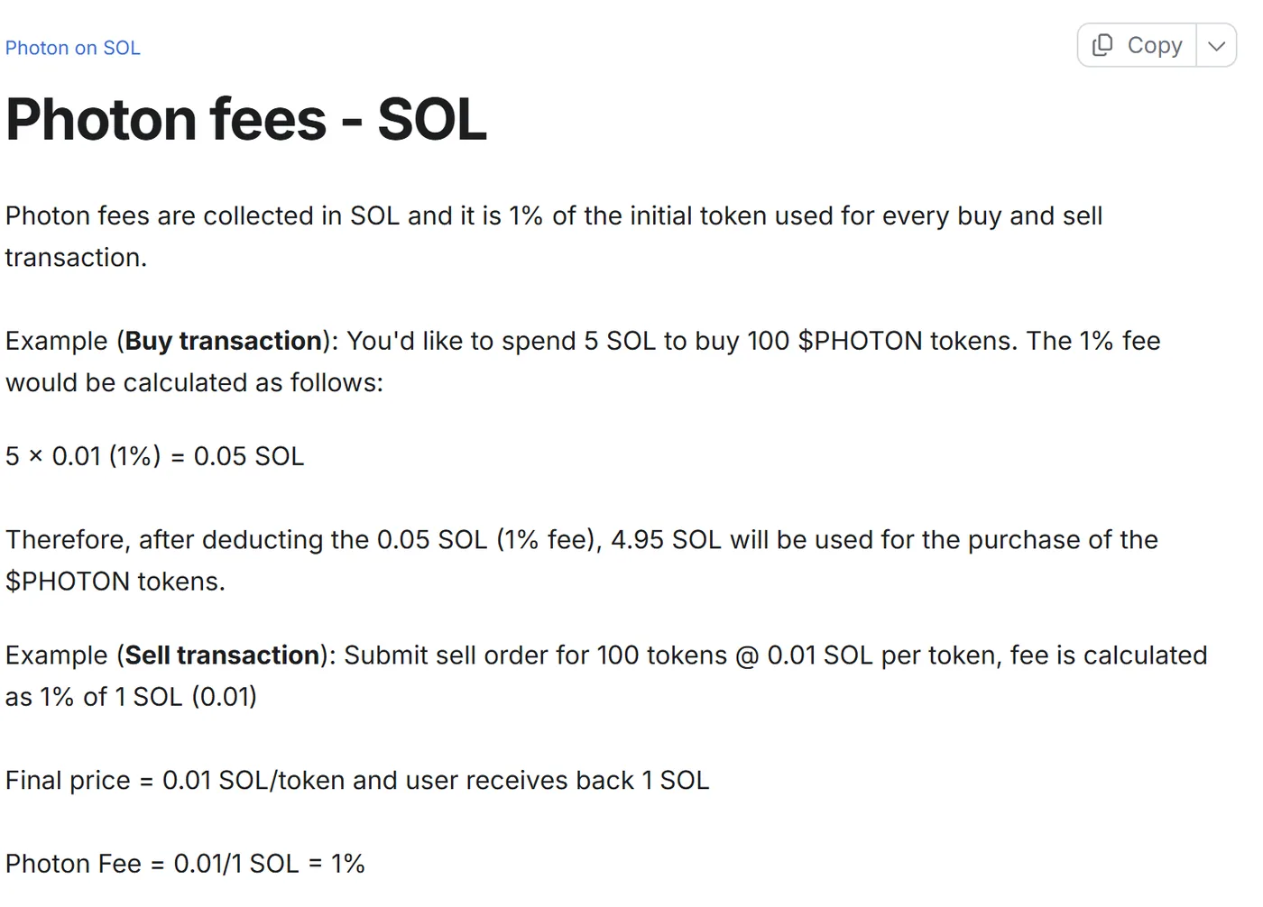 Photon's own GitBook fee page for Solana, stating the flat 1% on every buy and sell, with both worked examples. Captured August 6, 2026. The page itself reports it was last updated two years ago.
