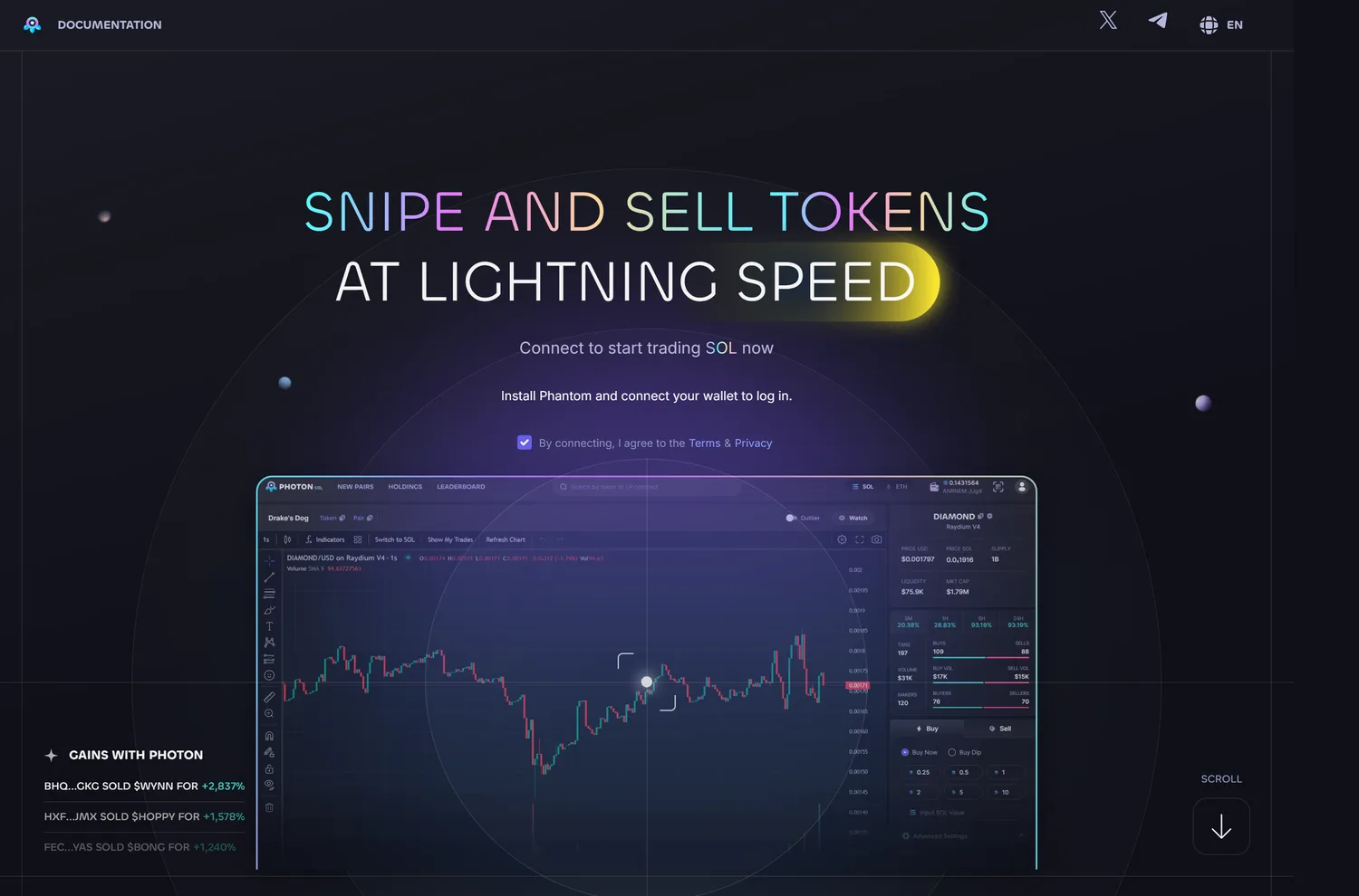 Photon's real landing page: the headline 'Snipe and sell tokens at lightning speed', a prompt to connect to start trading SOL, and a live 'Gains with Photon' ticker in the lower left. Captured August 6, 2026.